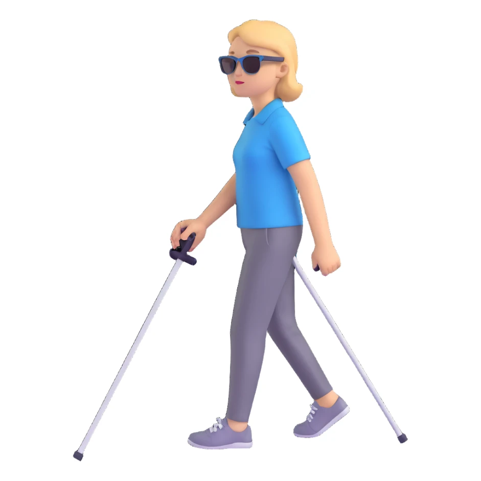 A blind person walking with a white cane, wearing sunglasses, outdoors, daytime. Focus on the cane and posture that indicates visual impairment. sticker