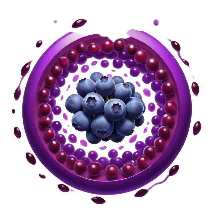 Blueberries, pomegranate, purple grapes, and dark chocolate floating in a bright purple vortex. A glowing shield surrounds cells, dissolving dark shadow particles representing free radicals. The protective light extends throughout the body, showing antioxidants' protective effects. sticker