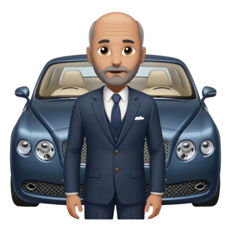 Slightly Balding with frencb beard graying indian guy in suit with a bentley names professor bw tlt sticker