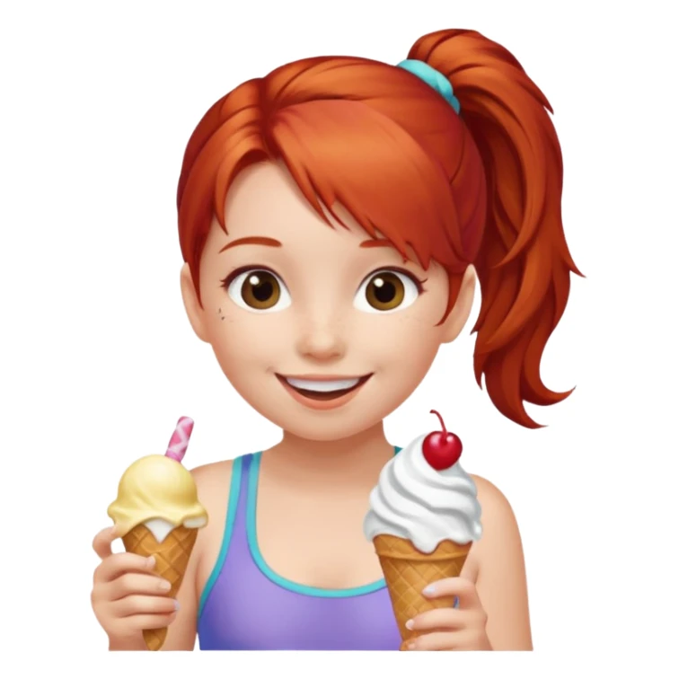 girl kid red haired swimsuit, eating ice cream, ponytail sticker