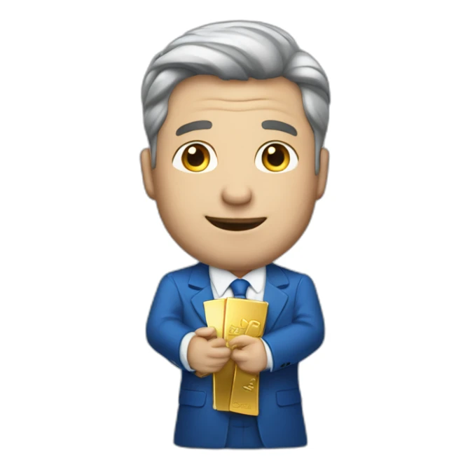 PhotoRealistic-Posh-man-with-blue-suit-offering-goldbar sticker