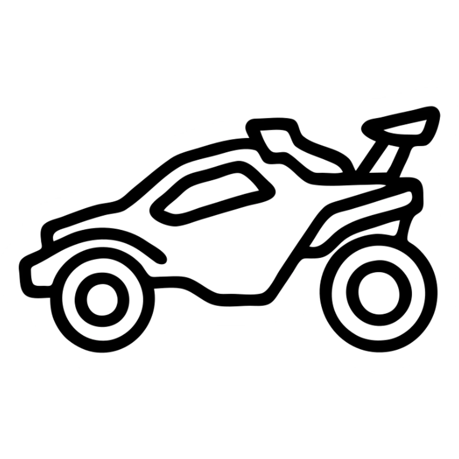 minimalistic Twitch badge, simplified Octane car silhouette with thick black outline and bold orange boost flames shooting upward, no gradients, solid shapes, optimized for small sizes, modern and energetic sticker