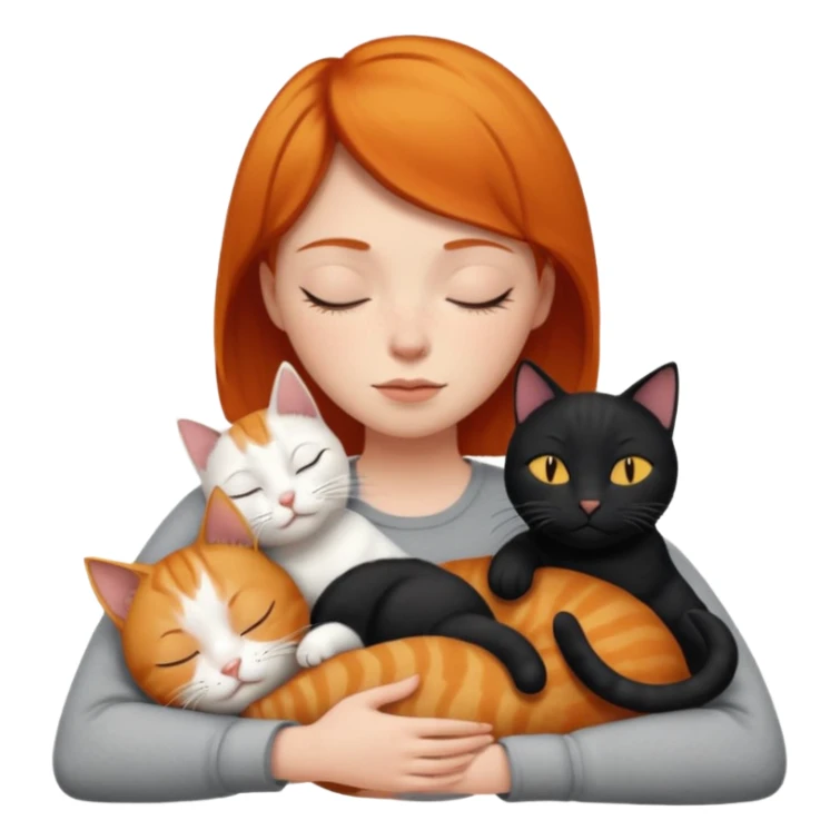 Ginger Girl short hair sleeping with two cats a black and a whole white bigger cat  sticker