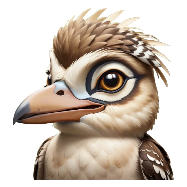 Cinematic Comical Kookaburra Portrait Emoji, Head tilted dramatically with an exaggeratedly amused expression, featuring a strikingly patterned brown and cream plumage with wide, expressive eyes filled with playful disbelief, Simplified yet hilariously expressive features, highly detailed, glowing with a slightly sassy glow, high shine, dramatic yet playful, stylized with an air of cheeky bushland mischief, bright and endearing, soft glowing outline, capturing the essence of a spirited and over‐the‐top kookaburra, so meme‐worthy it feels like it could cackle its way into internet fame instantly! sticker