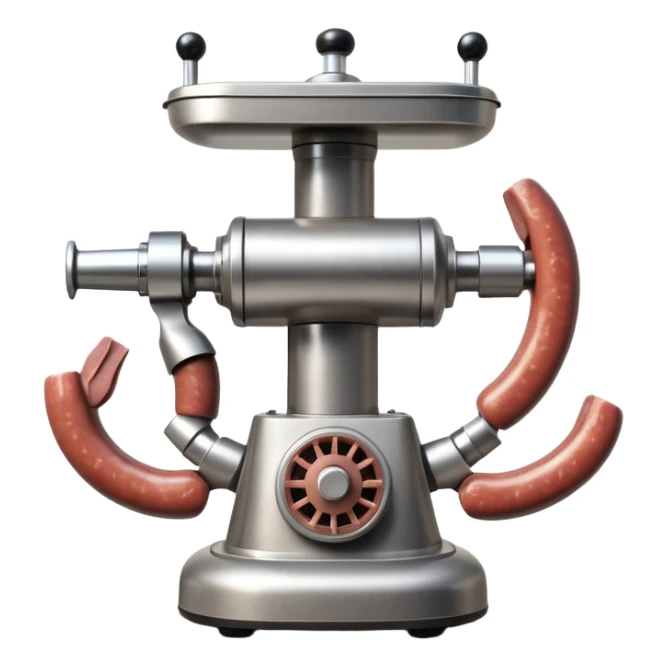 sausage-processing droid. retro-futuristic style. top is a circular industrial meat grinder with rotating gears and blades. Two robotic arms feed material into grinder. Sausage links extrude from the rear like  factory. The body is metallic, compact, and floats above the ground.no legs. Dark humor sticker
