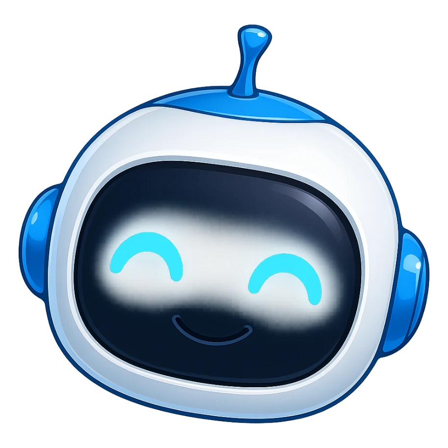 Robot head only, matching the style and colors of the reference robot (blue and white), very glossy and shiny head, glowing blue eyes, cute and friendly expression, no background, in the style of the reference robot. sticker