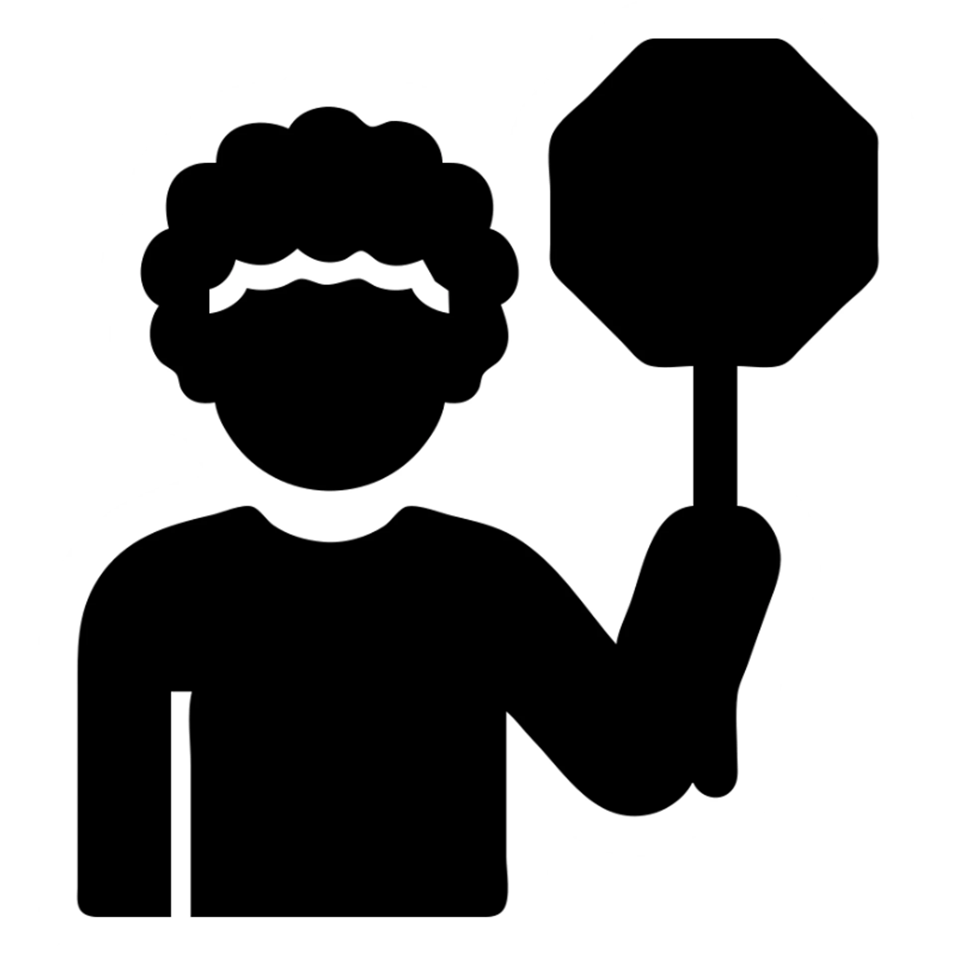 brunette person with curly hair holding a stop sign, solid filled icon sticker