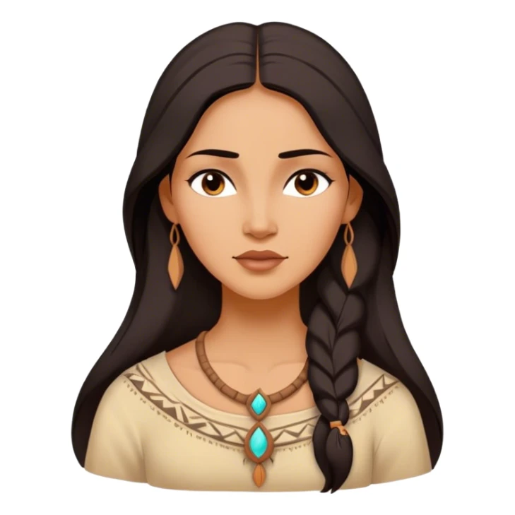 Cinematic Serene Pocahontas Portrait Emoji, rendered in a realistic, simplified vector style. Depict a gentle Pocahontas (chest and above) with warm, glowing skin, loosely flowing dark hair, and a calm, reflective expression, wearing modest traditional attire in earthy hues. The image is bathed in a soft, inviting glow with high shine and a soft glowing outline. sticker