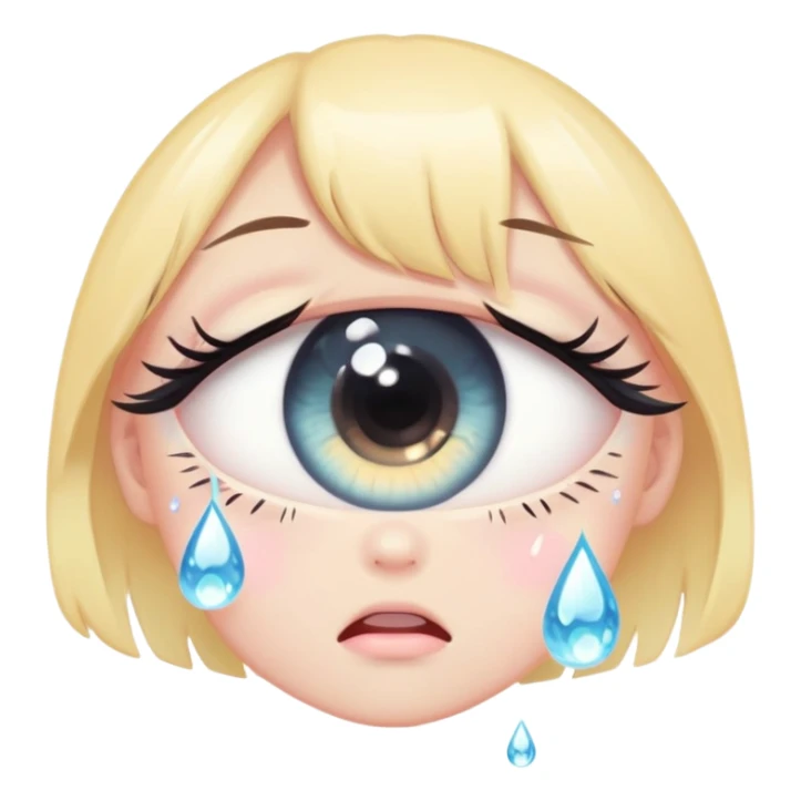 Cute anime-style crying girl eye, big round eye with a teardrop falling down, sparkly pupil, long lashes, soft pastel colors, kawaii emoji aestheti sticker
