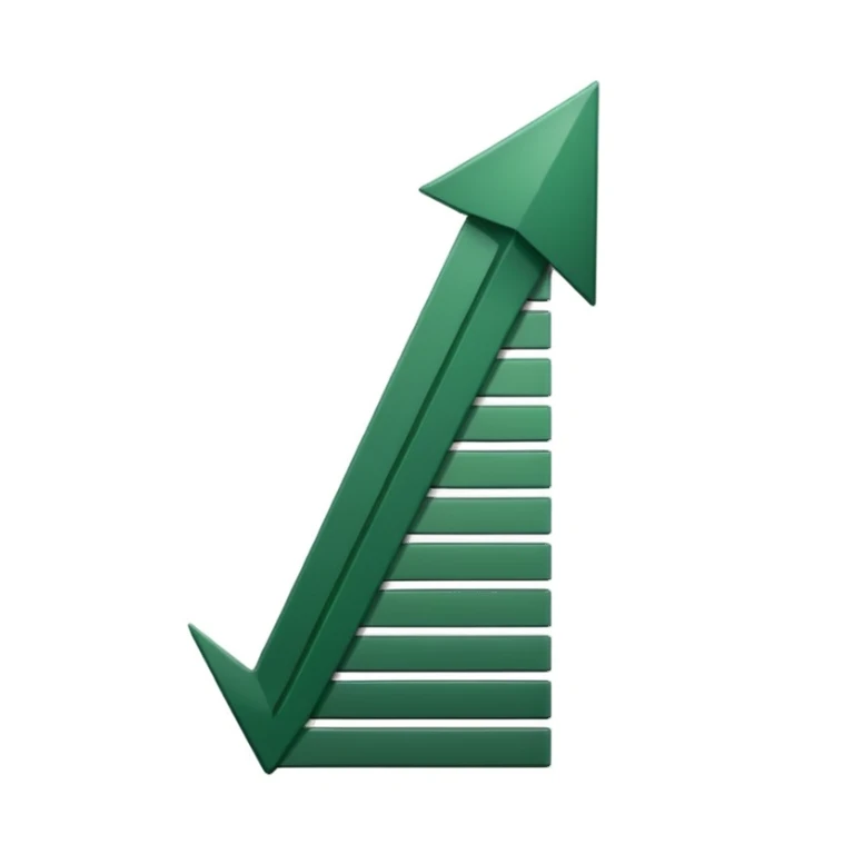 growth chart with white bars with dark green shadows and details, dark green arrow, minimalism, iOS emoji style, no smileys or faces, white background sticker