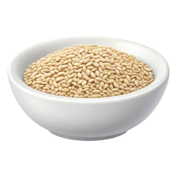 Small white sesame seeds in a ceramic bowl, food ingredients sticker