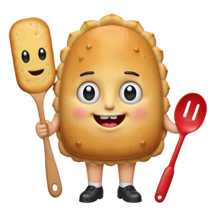 cute empanada emoji, golden brown with crimped edge, big sparkling eyes, two square teeth, blushing cheeks + freckles, red tie, holding spatula, short chubby arms and legs, thick black outline, SpongeBob + Adventure Time style, transparent background sticker