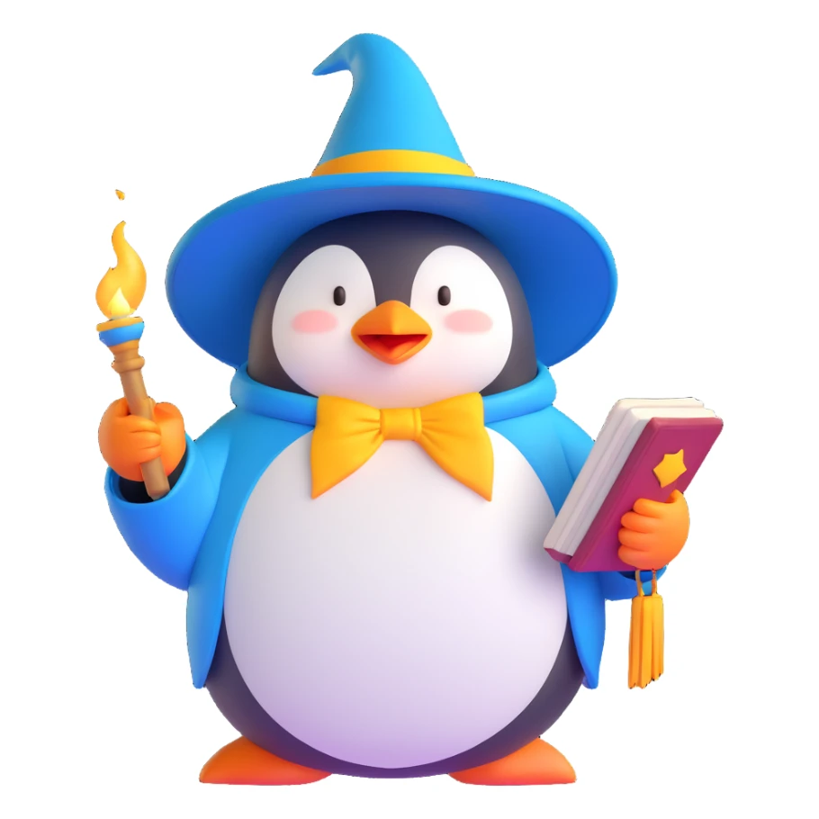 chubby penguin in wizard attire, holding an open spellbook, magical aura around, 3D emoji style sticker