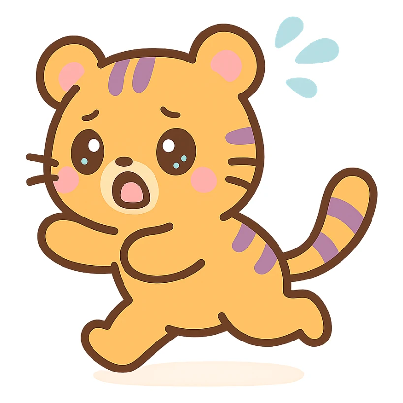 cartoonish tiger running away, looking scared, kawaii style sticker