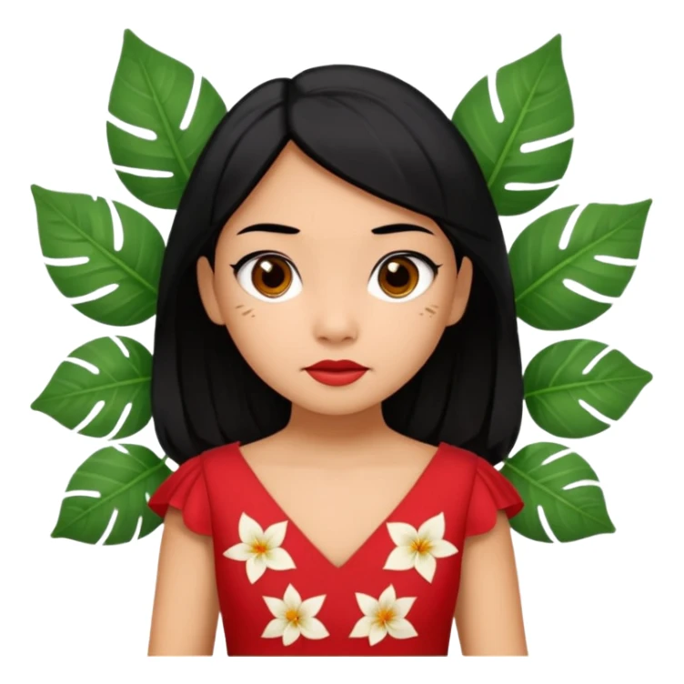Lilo from Lilo & Stitch as an apple style emoji, simple facial expression, red dress with white leaf pattern, black hair sticker