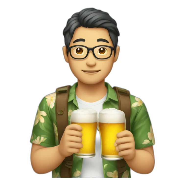 Japanese wearing roundglasses alohashirt is holding beer sticker