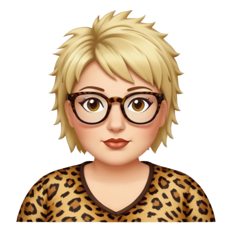  plus size white women dressed in leopard with short medium brown and blonde shaggy spiked hair wearing glasses with hazel color eyes and wide flat nose sticker