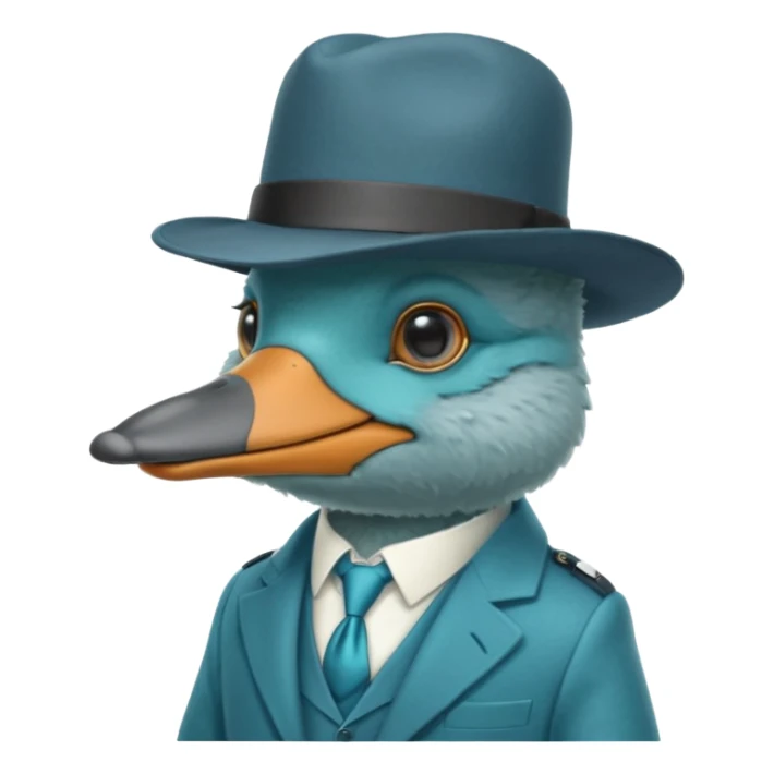 cute light blue turqiouse platypus head with a detective hat and monocle on his eye, no  hands, looks like a platypus but blue, the hat and suit are not blue sticker