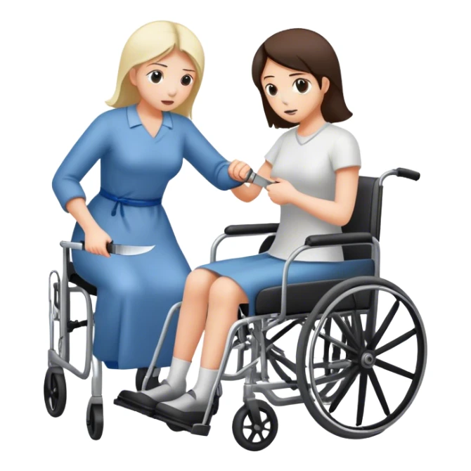 Mujer con cuchillo en la mano, empujando un enfermo en silla de ruedas sticker