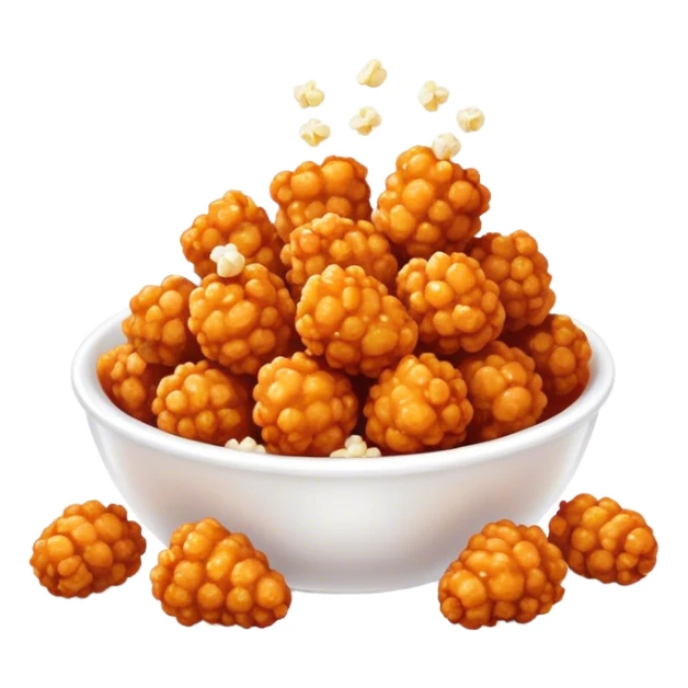 Korean Fried Chicken Cinematic Realistic Korean Fried Chicken Dish Emoji, depicted as bite-sized popcorn chicken pieces generously coated in a glossy, spicy sauce, rendered with crisp textures and dynamic, appetizing lighting. sticker
