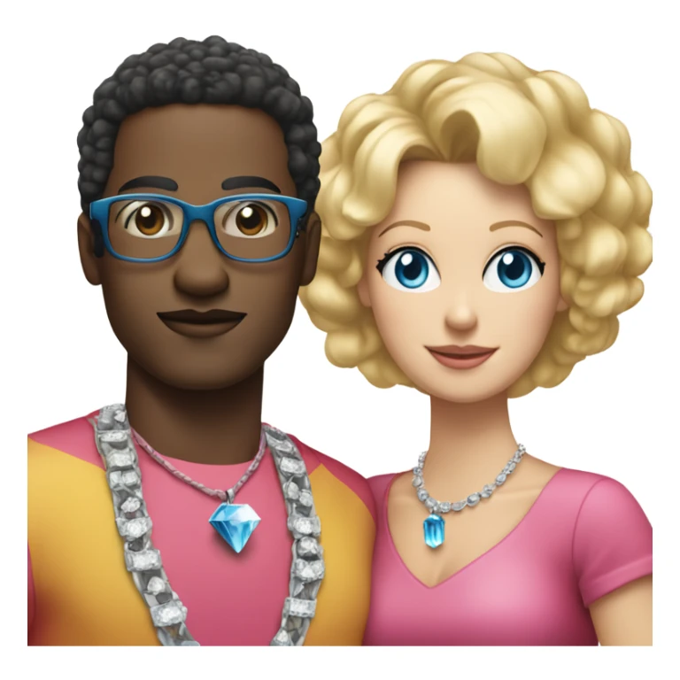 black man with black afro and glasses and wearing a red shirt standing next to a white woman with blonde hair with blue eyes wearing a pink dress and a big diamond necklace sticker