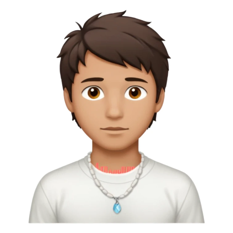create an emoji of a young man. he has a surfer look, with short messy dark brown hair, brown eyes, tanned skin, natural lips. he wears a white tight shell necklace with a white shirt sticker