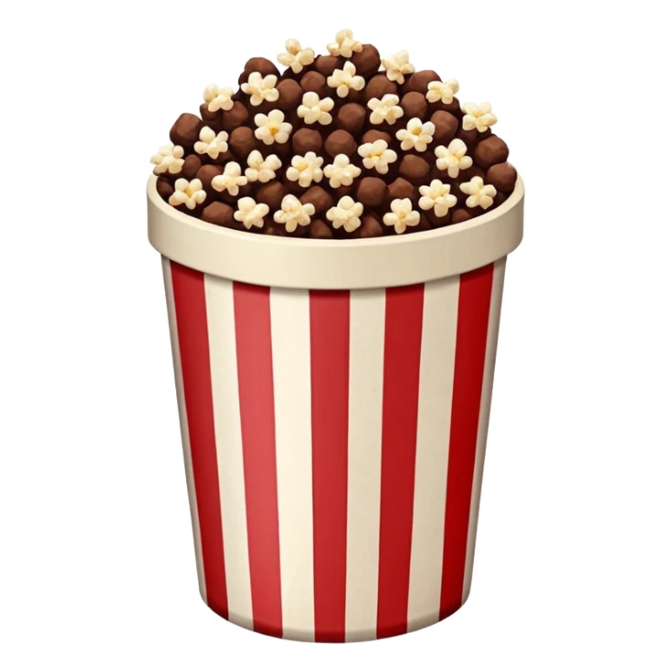 Chocolate popcorn in a paper jar with red and white vertical lines sticker
