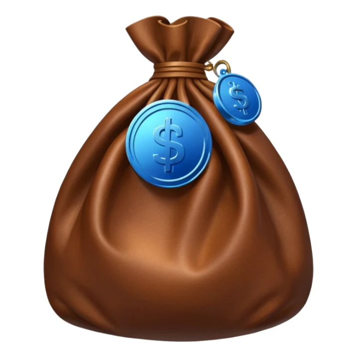 brown money bag with a blue coin  sticker