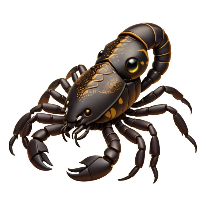Cinematic Cute Emperor Scorpion Portrait Emoji, Head tilted playfully and inquisitively, with a compact, rugged build and a sleek, dark exoskeleton highlighted by delicate, intricate patterns and round, sparkling eyes full of curious defiance, Simplified yet irresistibly adorable features, highly detailed, glowing with a warm, friendly glow, high shine, affectionate and quirky, stylized with a touch of desert whimsy, soft glowing outline, capturing the essence of a mischievous yet endearing scorpion that feels like it could pinch its way out of the screen into your arms! sticker
