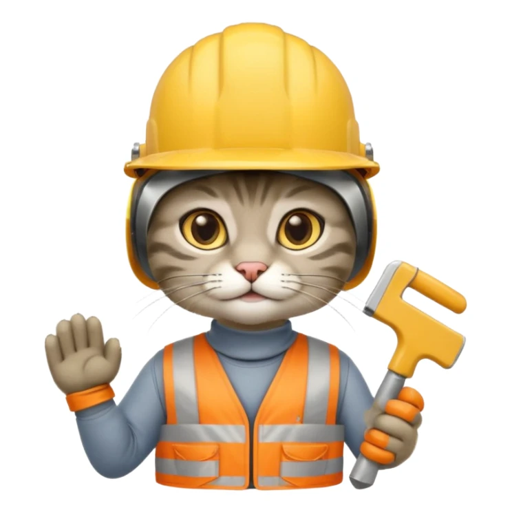gray cat, handyman Outfit, wearing a Helmet sticker