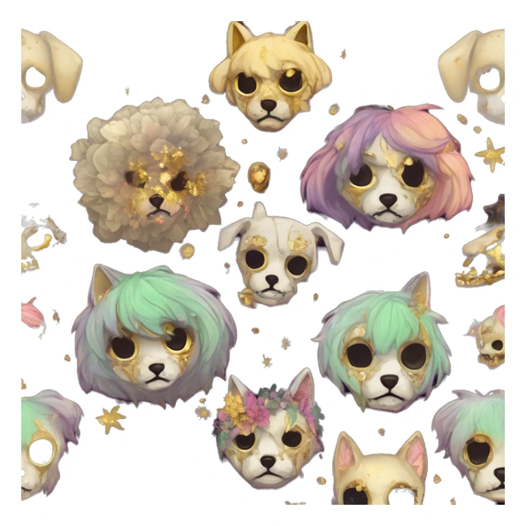 iridescent kintsugi fluffy zombie black brown gold dog fox head zombie skeleton gold mechanical nebula galaxy stars colorful flowers fairy lights vintage zombie sticker
