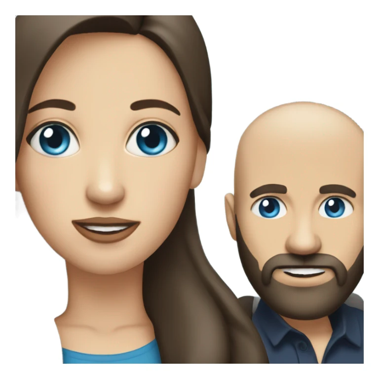 dark brown haired woman with blue eyes phoning bald man with beard sticker
