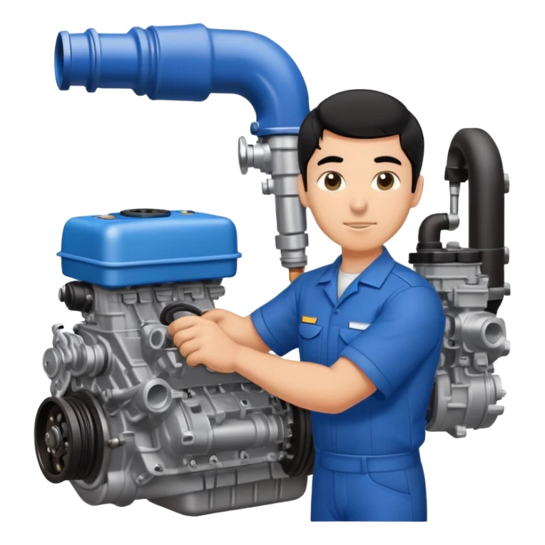 Guy with black hair working on a blue cars engine sticker