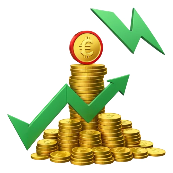 3D euro coins and banknotes stack, green upward arrow and red downward arrow, 
money flowing in and out, gold and silver coins, transparent background, 
emoji style, realistic, balanced composition sticker