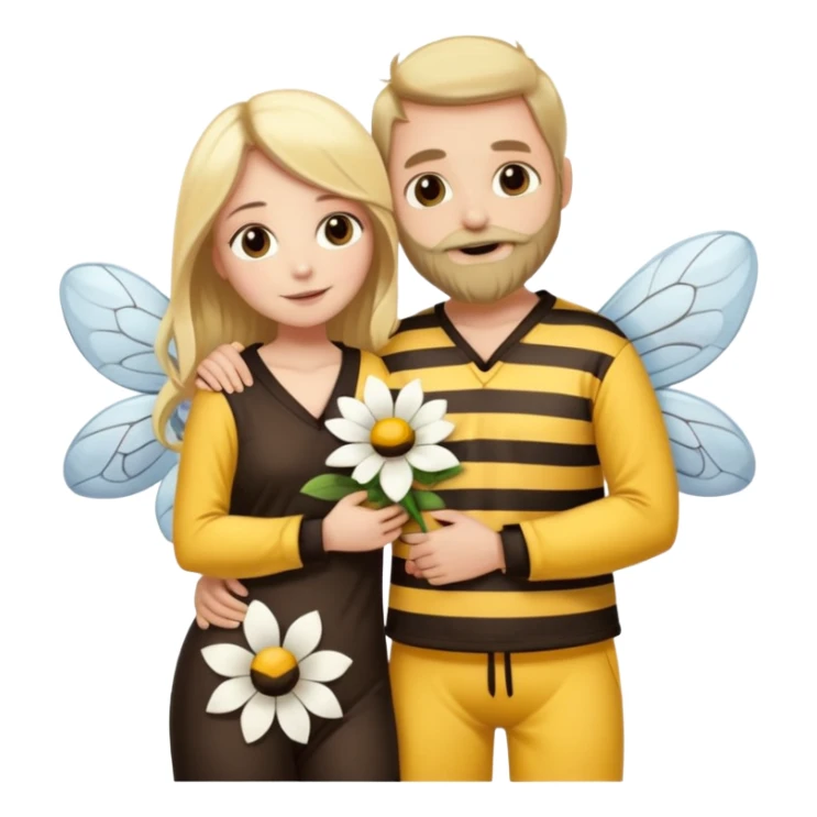 Grown up man with brown eyes, long dark brown long, white skin, medium beard, full body in cute bee pijama hugging a woman with blonde hair, white skin, dressed as a flower  sticker