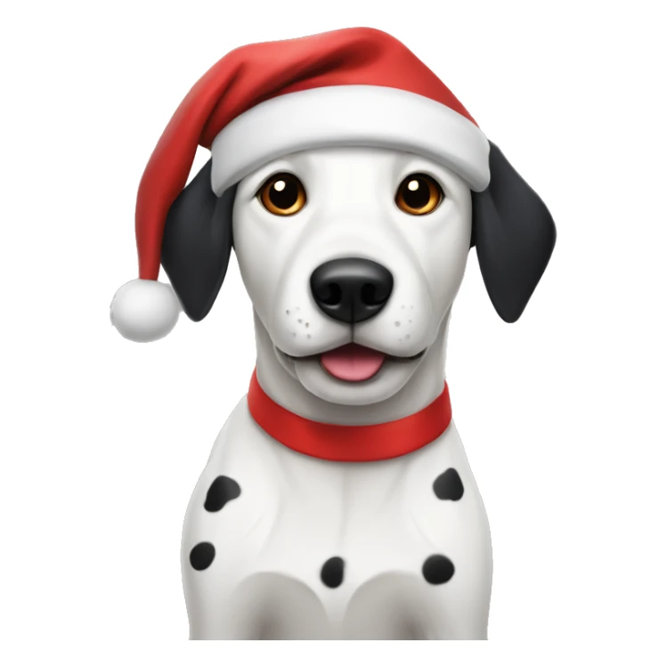 white dog with black ears and black spots, wearing santa hat sticker