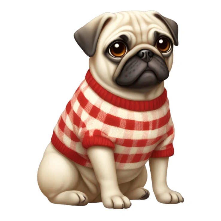 all cream pug,no black snout, wearing a red and white checkered sweater sticker