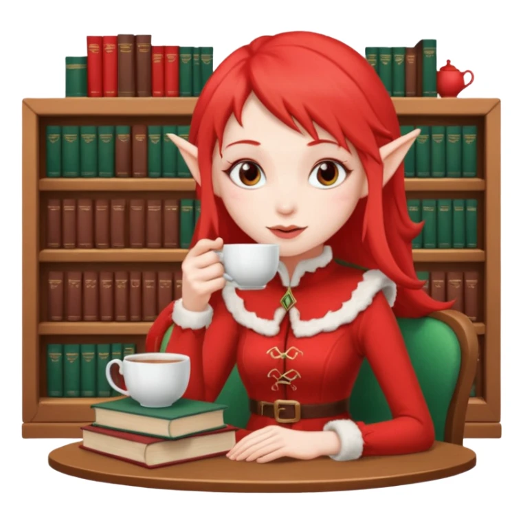 Red elf-like girl sipping tea with a stack of books beside her  sticker