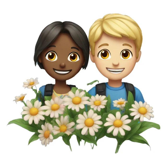 Boy and girl smiling with flowers sticker
