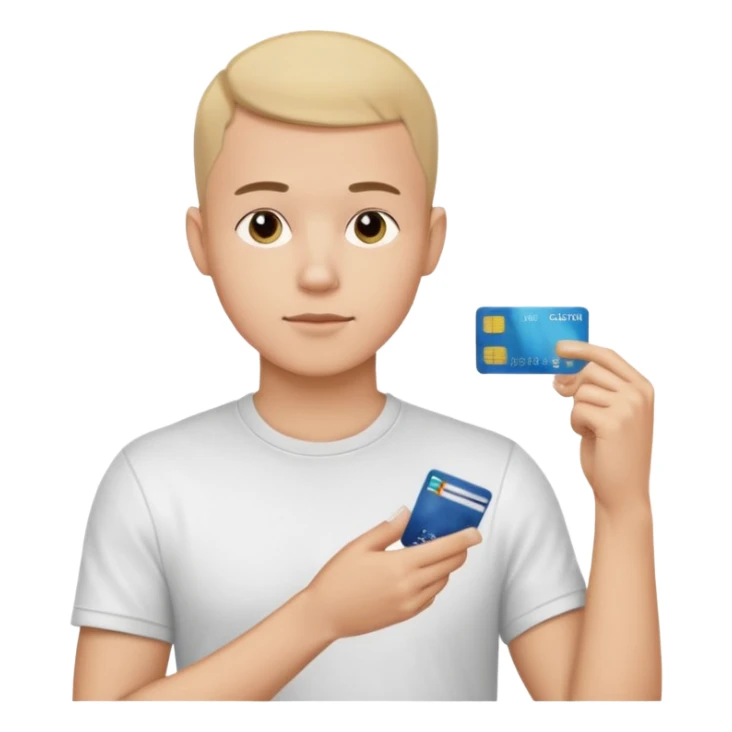 a 25 year old man thinking whit his hand forming an l shape on his chin whit short buzz cut hair whit a white t shirt and holding a credit card in his left hand make shure the card is medium sized so you can see it from a far make shure the caracther is big and a yellow background sticker