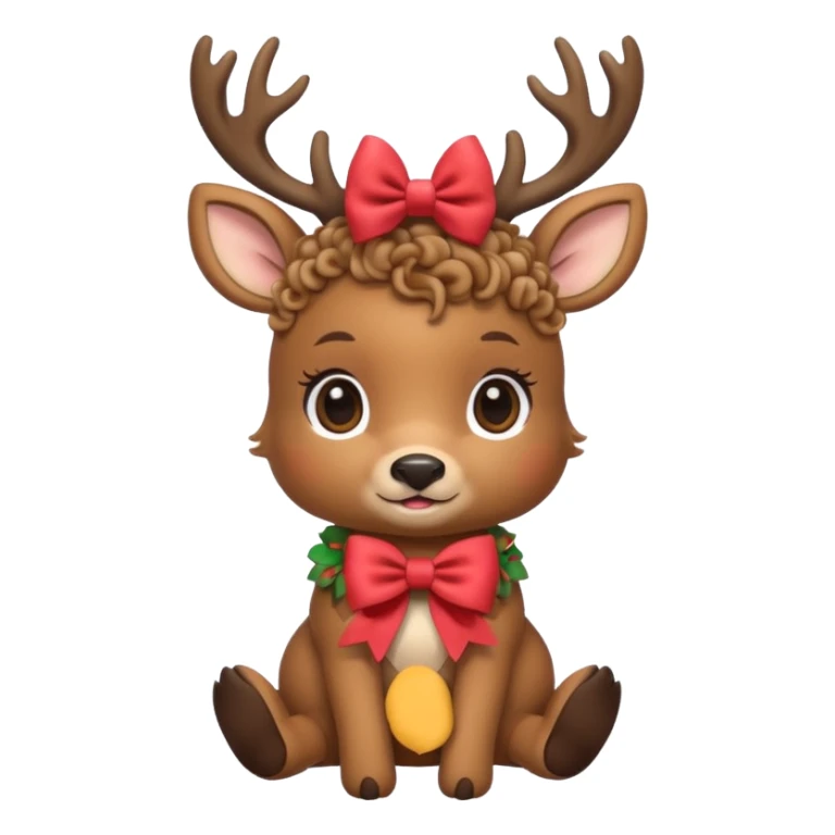 cute deer with curly fur, sitting down, wearing a bow on its head. sticker