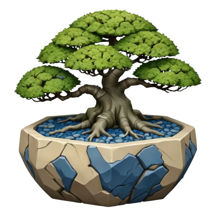 Singapore very old broken intricate Stone Age rocky-crusted dodecahedron-shaped shallow dark moss rough bark blue maple tree bonsai pot sticker
