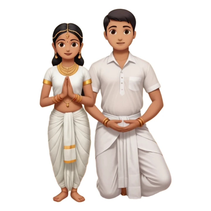 31 years young and small Brahmin boy with traditional formal cotton shirt and cotton lungi is pleasent peaceful thankful to 18 years young and fat and tall Brahmin girl with the complete decoration of bharatanatyam as godess lakshmi devi. sticker