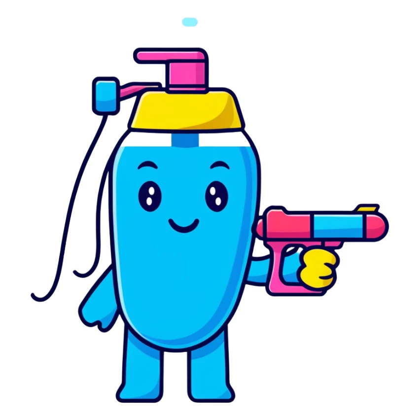 emoji face holding a water gun, bright colors sticker