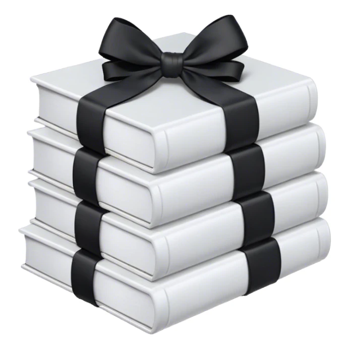 Stack of white books with black bow on top sticker