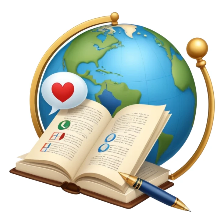An icon featuring an open book, a speech bubble, and a pen, symbolizing philology and linguistics. The design includes a globe with language characters and grammar symbols, representing the study of languages and literature. Transparent background highlights language analysis. sticker