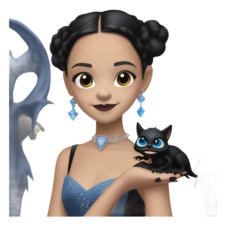 relaxed low-cut back silky black evening ball gown with lace gloves, Jenna Ortega as Wednesday Addams wearing a mini diamond tiara showing off a cute blue horned dragon hand puppet sticker
