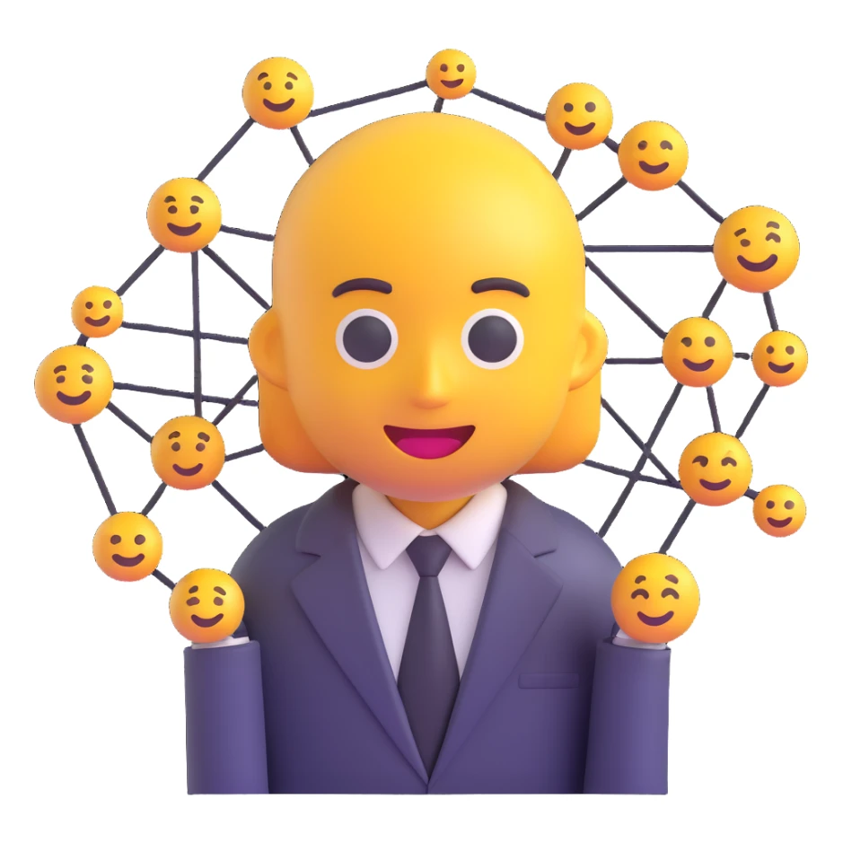 network marketing professional, 3D emoji style, businessperson with network symbols, glossy and expressive sticker