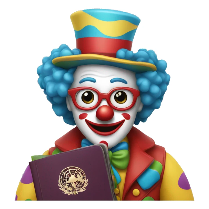 Clown holds a passport sticker