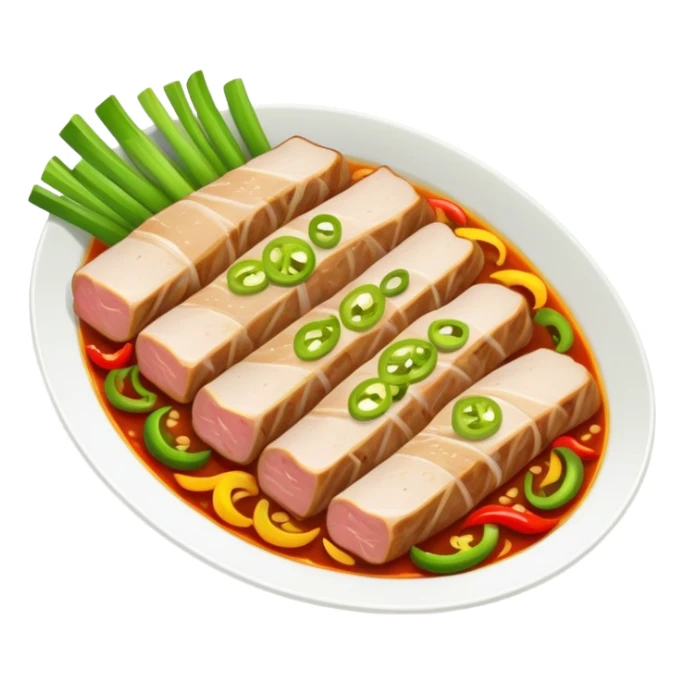 Twice Cooked Pork slices with leek and peppers, simplified emoji style with bold outlines and bright colors, cartoon style Hui Guo Rou Sichuan specialty sticker